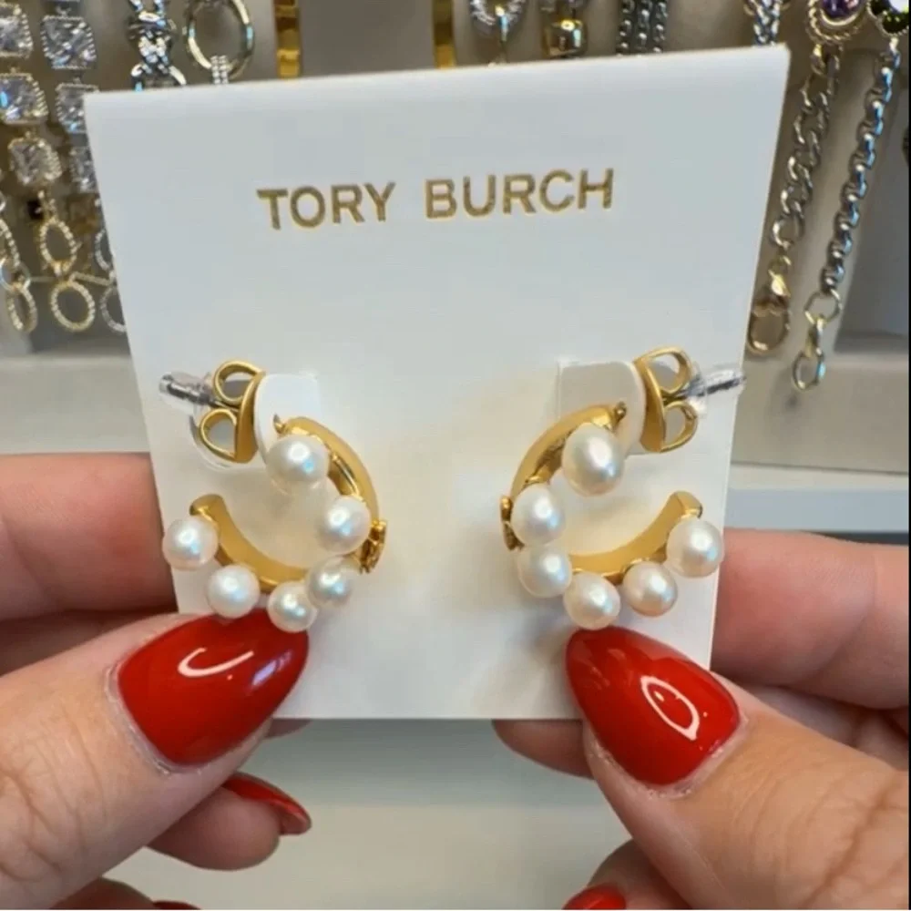 TORY BURCH Rolled Gold/Pearl Kira Pearl‎ Hoop Earrings NEW